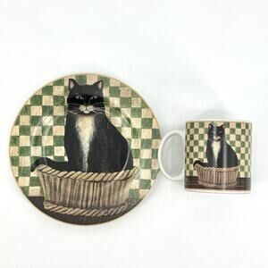VTG 2004 Country Kitties Set/2 Coffee Mug Dessert Plate Black Cat DC Brown Co.